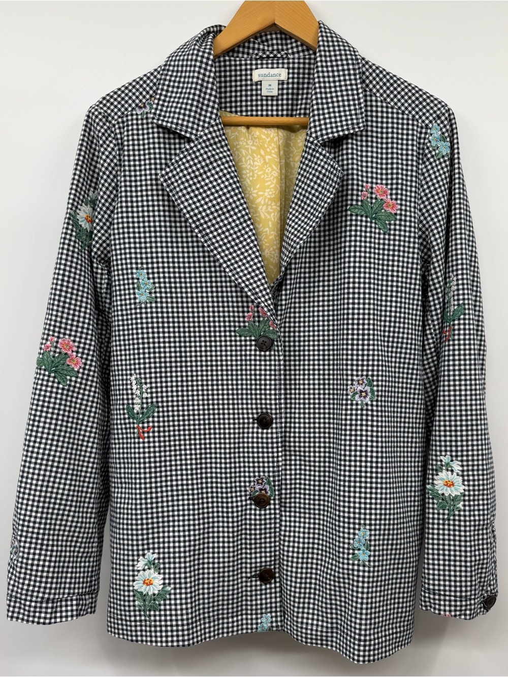 Sundance Tansy Embroidered Navy Gingham Blazer Jacket SZ M Floral Bohemian Chic